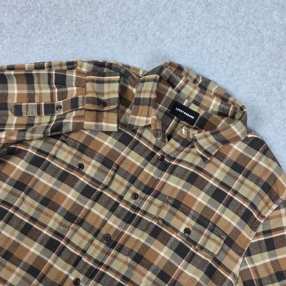 Lucky Brand Mens Medium Tan/Olive Long Sleeve Flannel Button Down Shirt